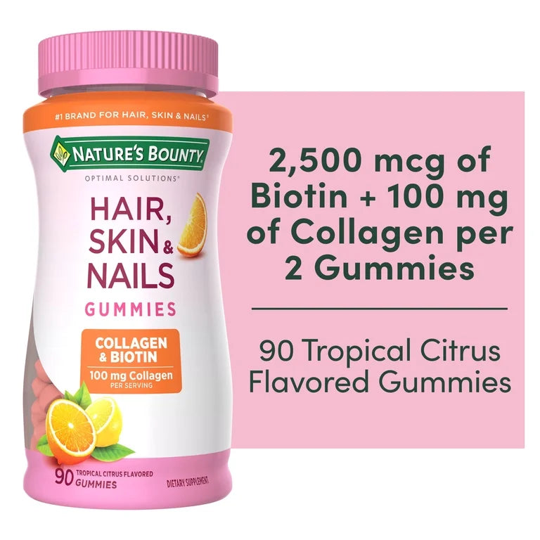 Nature’s Bounty Hair Skin & Nails avec Collagène, goût Agrumes tropicaux, 90 Gummies