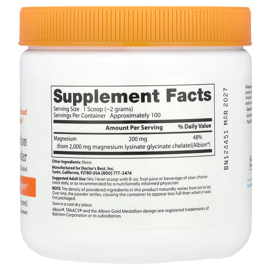 Doctor's Best High Absorption Magnesium Lysinate Glycinate Powder, 100% Chelate, 200 g