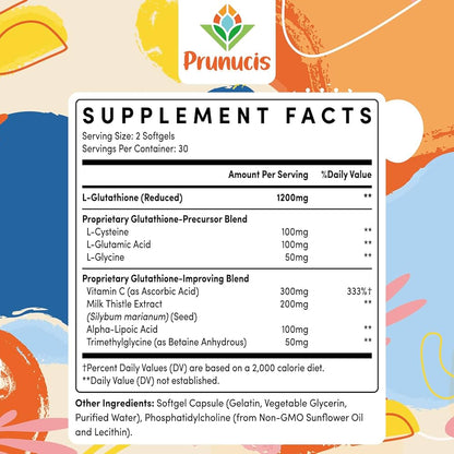 Prunucis Glutathione liposomal, avec vitamine C, chardon-Marie et acide alpha-lipoïque, L-glutathion réduit pur, haute absorption, 60 gélules
