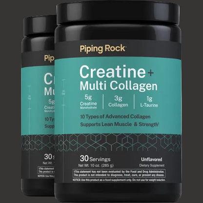 PipingRock Créatine et multi-collagène|10 types de collagène |5g de créatine, 3g de collagène & 1g de L-Taurine|285 grammes