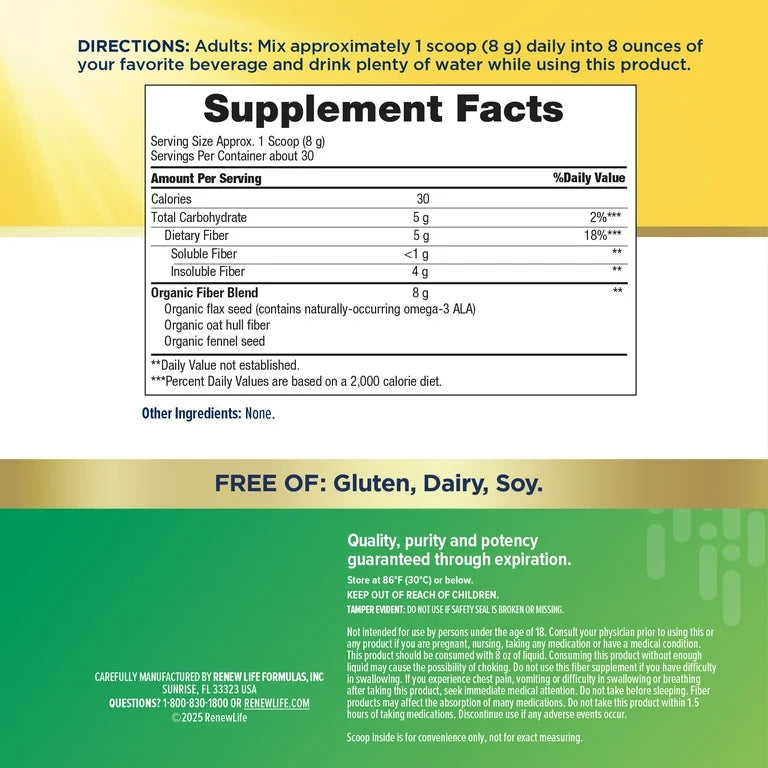 RenewLife Daily Prebiotic Fiber | Organic Prebiotic Fiber Powder for Daily Digestive Health, 241 Grams