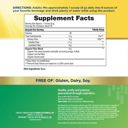 RenewLife Daily Prebiotic Fiber | Organic Prebiotic Fiber Powder for Daily Digestive Health, 241 Grams