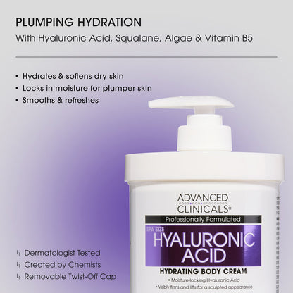 Advanced Clinicals Acide hyaluronique, Crème hydratante pour le corps, 454 g