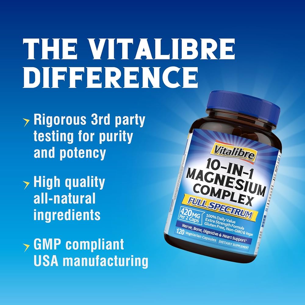 Vitalibre Magnesium Complex 10-in-1, 420 mg Elemental Magnesium | Ultra-Concentrated, Maximum Absorption | Chelated Magnesium Supplement | 120 Capsules