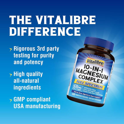 Vitalibre Magnesium Complex 10-in-1, 420 mg Elemental Magnesium | Ultra-Concentrated, Maximum Absorption | Chelated Magnesium Supplement | 120 Capsules