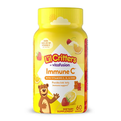 L’il Critters Immune C Multivitamines gummies pour enfants | avec vitamine C, D et le zinc, saveurs orange, citron et cerise, 60 gummies