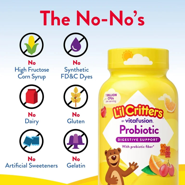 L'il Critters Probiotic with Prebiotic Fiber, Cherry, Orange & Grape Flavors, 1 Billion CFU, 60 Gummies