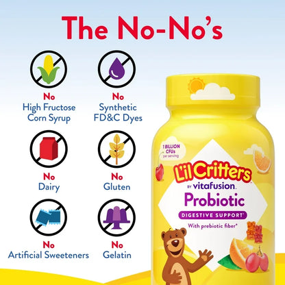 L'il Critters Probiotic with Prebiotic Fiber, Cherry, Orange & Grape Flavors, 1 Billion CFU, 60 Gummies
