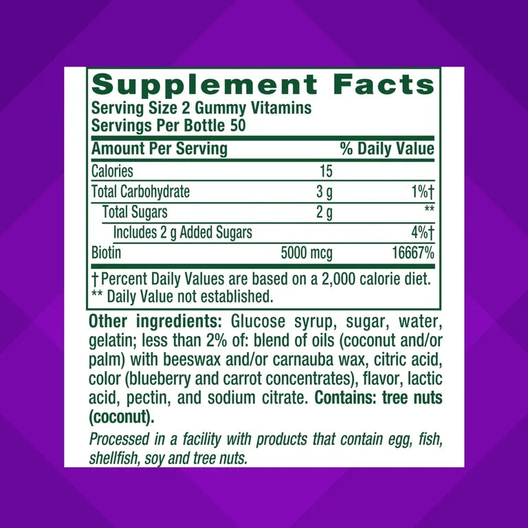 Vitafusion Extra Strength Biotin Gummies, 5000 mcg, Blueberry Flavor, 100 Gummies