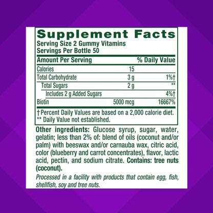 Vitafusion Extra Strength Biotin Gummies, 5000 mcg, Blueberry Flavor, 100 Gummies