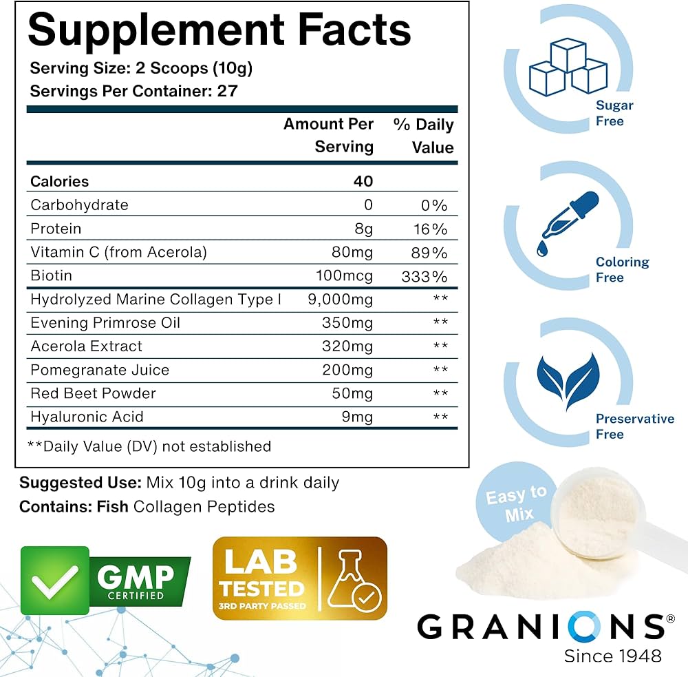 Granions Marine Collagen Powder | Type I Hydrolyzed Marine Collagen Peptides, Biotin, Hyaluronic Acid, Vitamin C, Evening Primrose Oil, Antioxidant Complex | Pink Lemonade, 275 grams