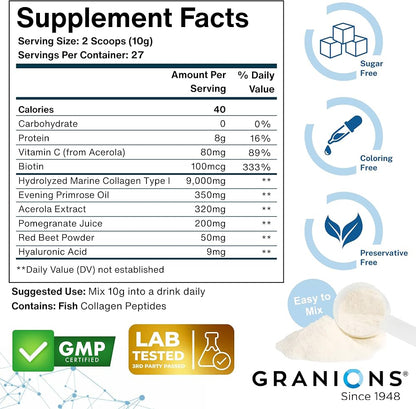 Granions Marine Collagen Powder | Type I Hydrolyzed Marine Collagen Peptides, Biotin, Hyaluronic Acid, Vitamin C, Evening Primrose Oil, Antioxidant Complex | Pink Lemonade, 275 grams