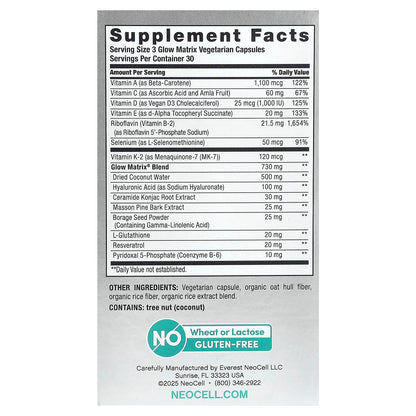 Neocell Glow Matrix Advanced Skin Hydrator | With Hyaluronic Acid, Ceramides, Coconut Water & Antioxidants | 90 capsules