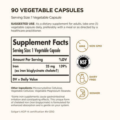 Solgar Fer doux bisglycinate, 25 mg, 90 capsules