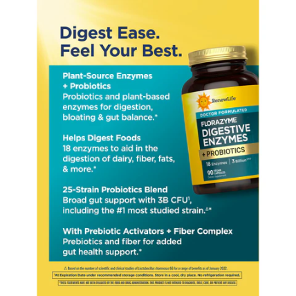 Renew Life FloraZyme Digestive Enzymes Dr. Formulated | Enzymes Digestives, 90 gélules