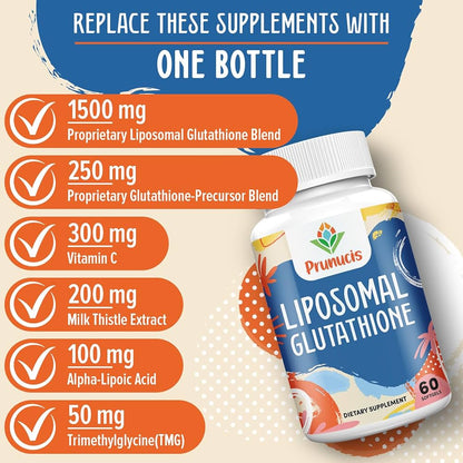 Prunucis Glutathione liposomal, avec vitamine C, chardon-Marie et acide alpha-lipoïque, L-glutathion réduit pur, haute absorption, 60 gélules