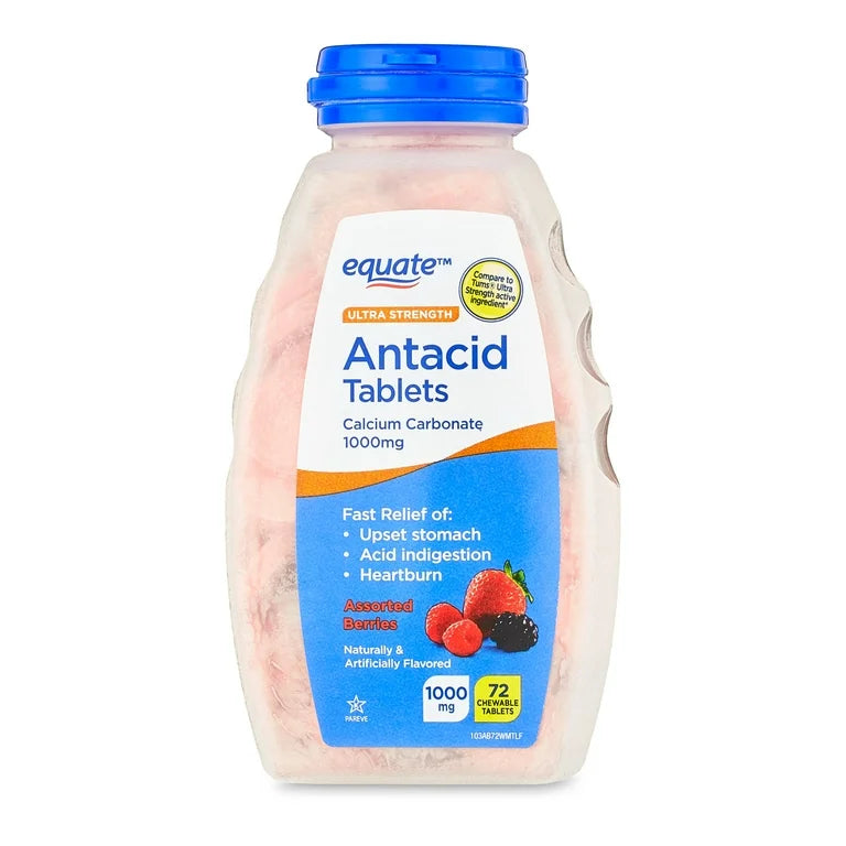 Equate Comprimés à croquer antiacides ultra-forts, saveur baies et fraises assorties, 1000 mg, boîte de 72 comprimés