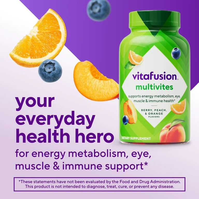 Vitafusion MultiVites pour adultes, Multivitamines saveurs baies, pêche et orange, 70 gummies