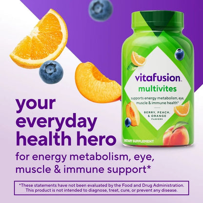 Vitafusion MultiVites pour adultes, Multivitamines saveurs baies, pêche et orange, 70 gummies