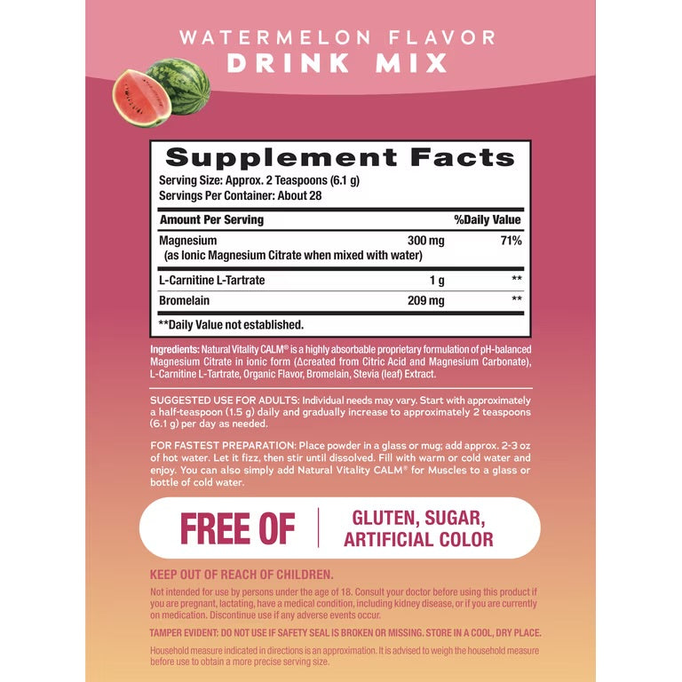 Natural Vitality, CALM, Specifics Muscles, Mélange à boire au citrate de magnésium, goût Pastèque, 170 g