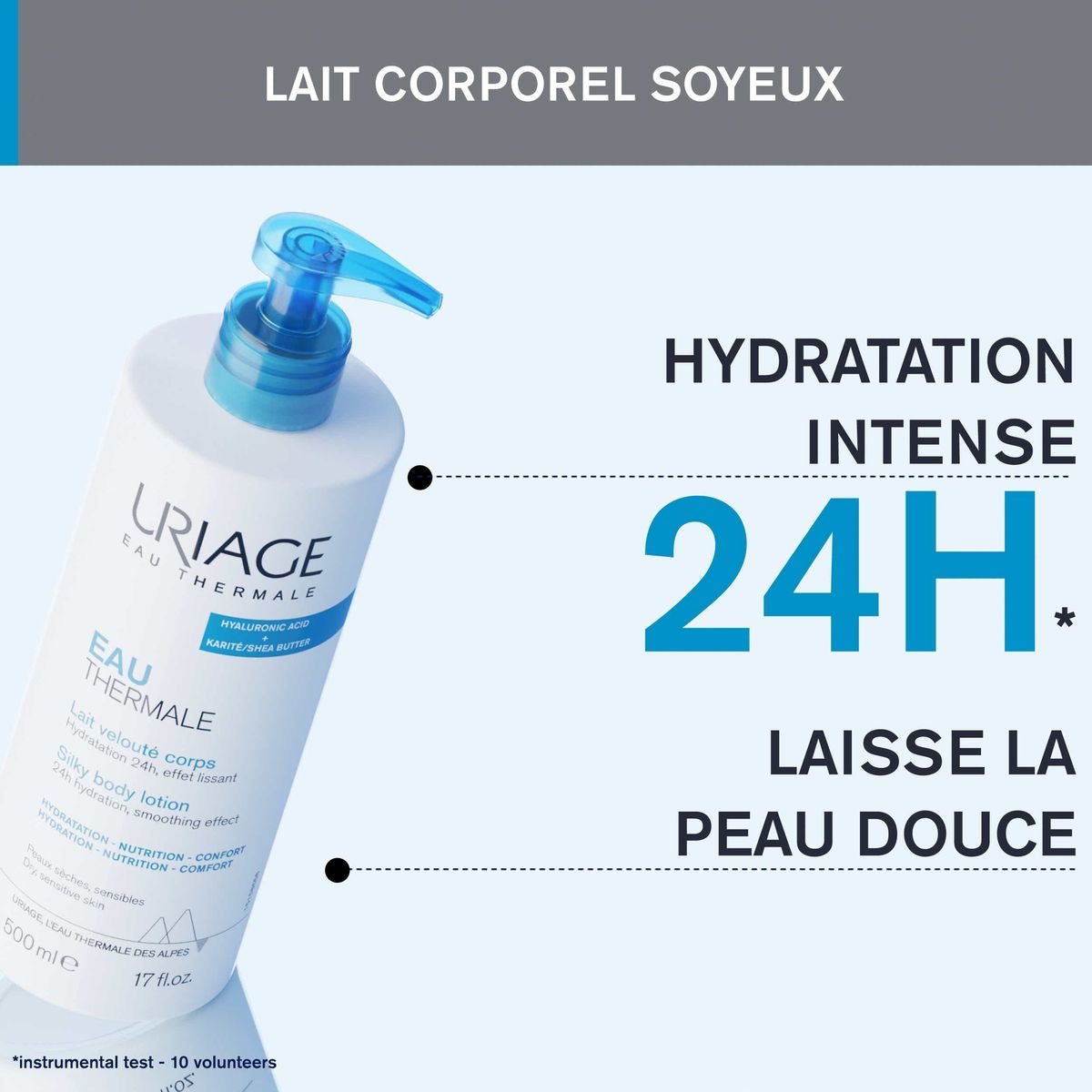 Uriage Eau Thermale lait corps velouté, hydratation 24h, effet lissant, 500ml