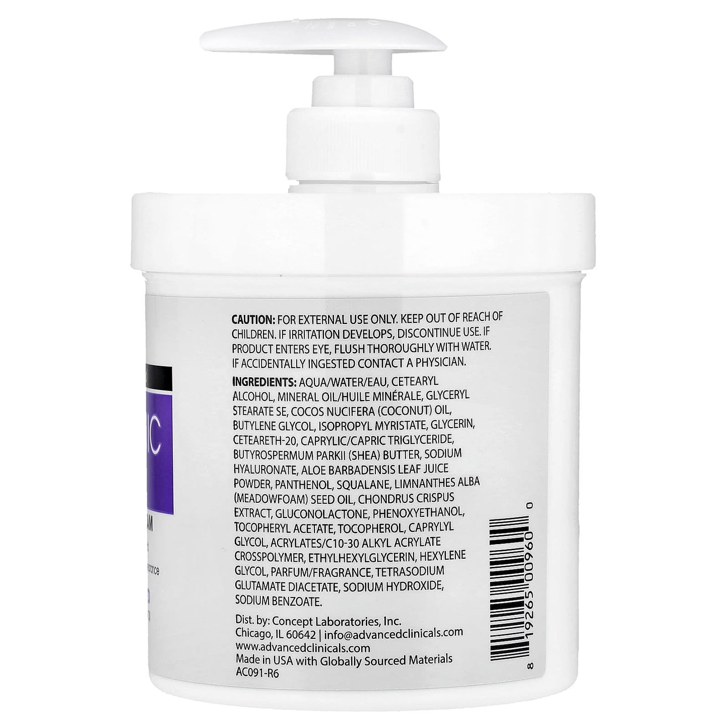 Advanced Clinicals Acide hyaluronique, Crème hydratante pour le corps, 454 g