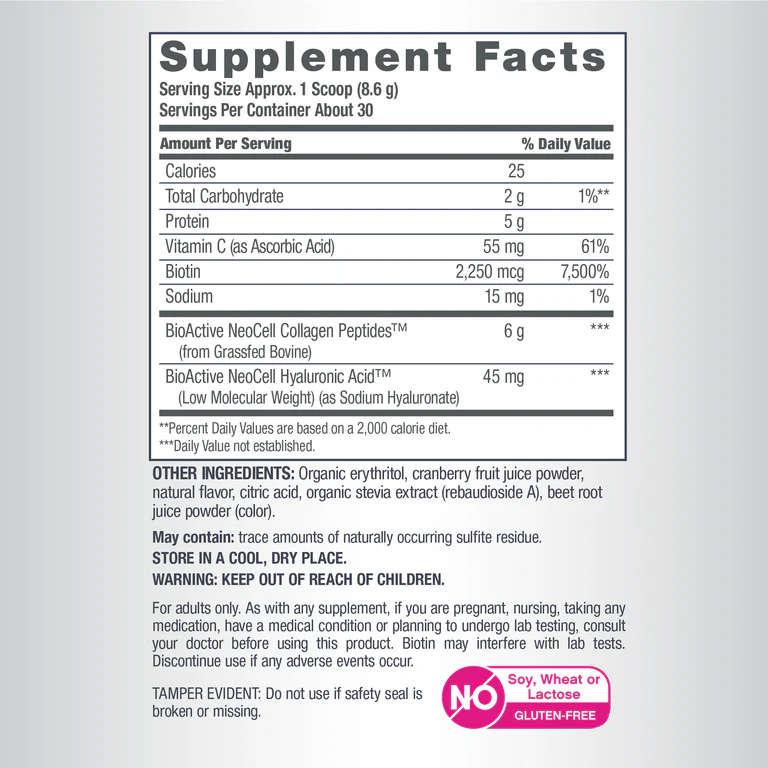 Neocell Collagen Powder Beauty Infusion with Hyaluronic Acid & Biotin, Cranberry Cocktail Flavor, 258 g
