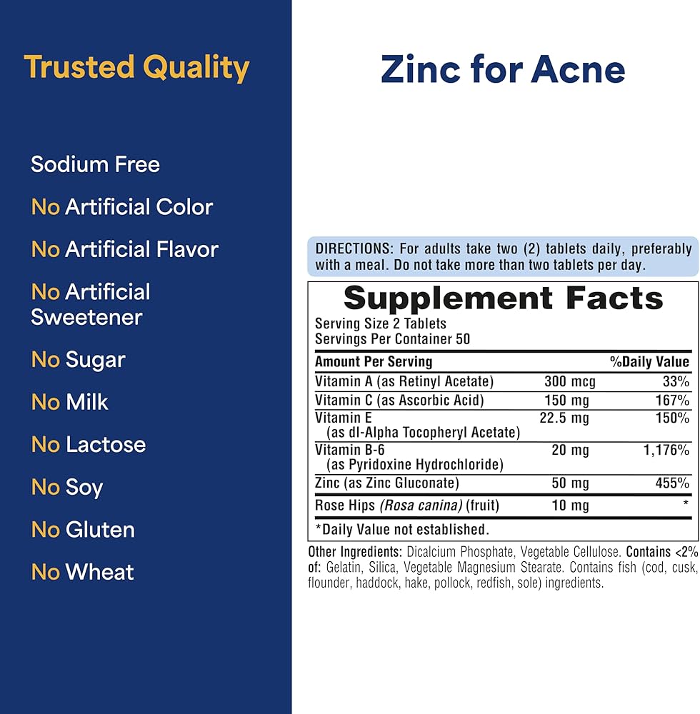 Puritan's Pride Zinc for Acne, 100 Caplets | With Vitamins A, C, E, B6 & Rose Hips | For Clearer, Healthier Skin, 100 Caplets