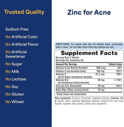 Puritan's Pride Zinc for Acne, 100 Caplets | With Vitamins A, C, E, B6 & Rose Hips | For Clearer, Healthier Skin, 100 Caplets