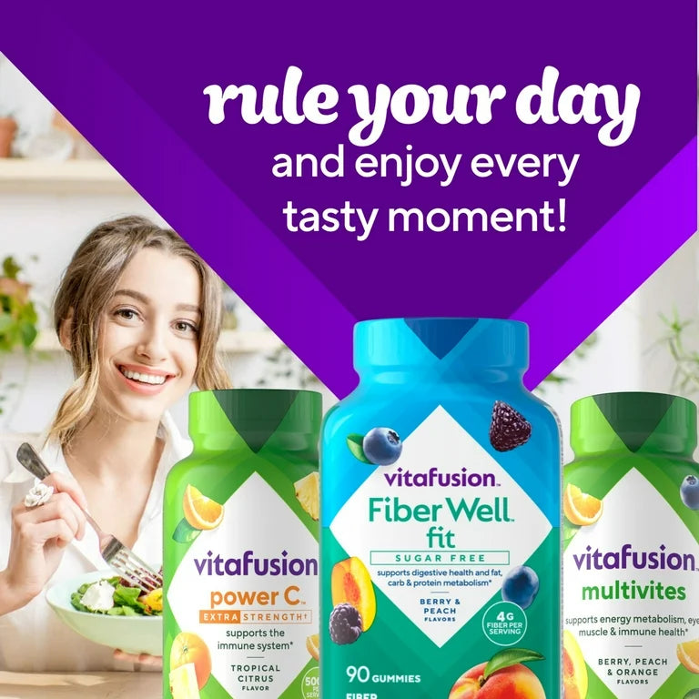 Vitafusion Vitamines FiberWell Fit, fibres Sans sucre, à la pêche, à la framboise et aux baies, 90 gummies