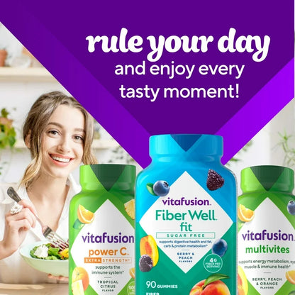 Vitafusion Vitamines FiberWell Fit, fibres Sans sucre, à la pêche, à la framboise et aux baies, 90 gummies