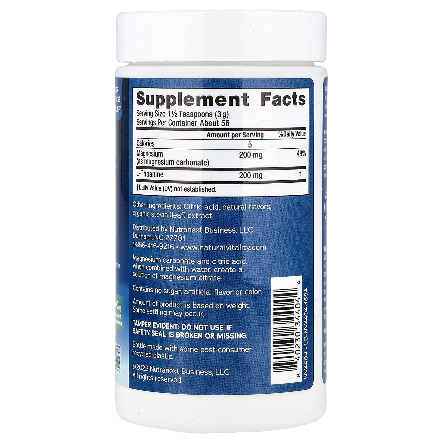 Natural Vitality CALM MIND Magnésium Citrate + L-Theanine en poudre, avec Miel et Chamomile, 168 grammes