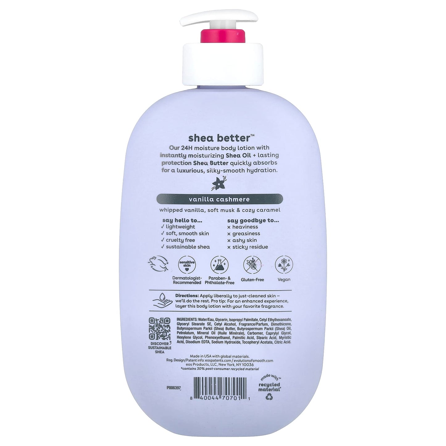 Eos Shea Better, Lotion hydratante 24h pour le corps, Vanille et cachemire, 473 ml