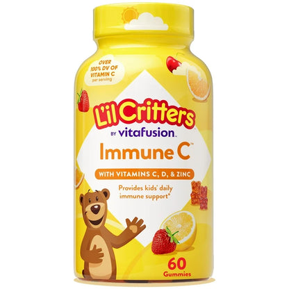 L’il Critters Immune C Multivitamines gummies pour enfants | avec vitamine C, D et le zinc, saveurs orange, citron et cerise, 60 gummies