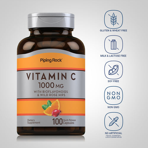 PipingRock Vitamin C + Rose Hips, 1000mg, 100 Tablets