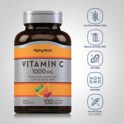 PipingRock Vitamin C + Rose Hips, 1000mg, 100 Tablets