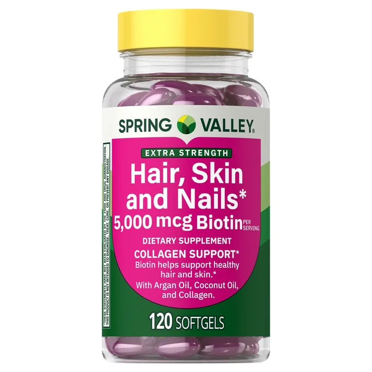 Spring Valley Hair skin nails extra fort avec collagène, 5000 mcg de biotine, 120 gélules