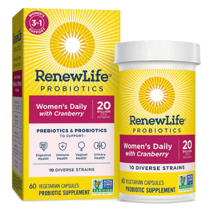 Renew Life Women's Daily 3-in-1 Prebiotics & Probiotics with Cranberry | 20 billion
60 capsules