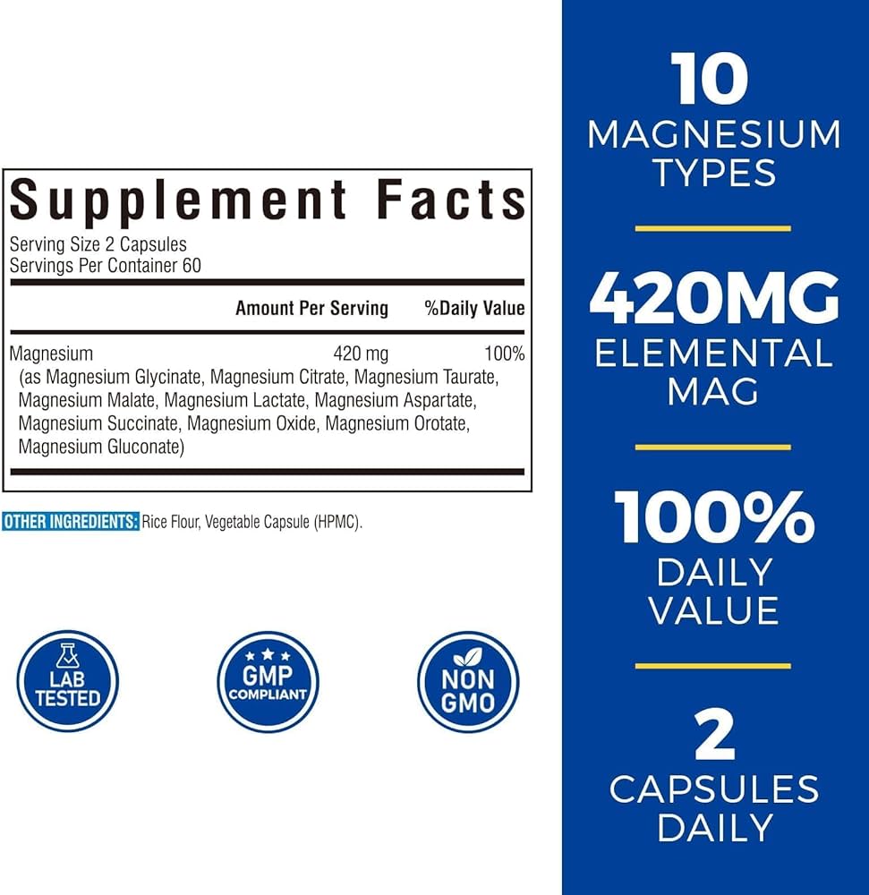 Vitalibre Magnesium Complex 10-in-1, 420 mg Elemental Magnesium | Ultra-Concentrated, Maximum Absorption | Chelated Magnesium Supplement | 120 Capsules