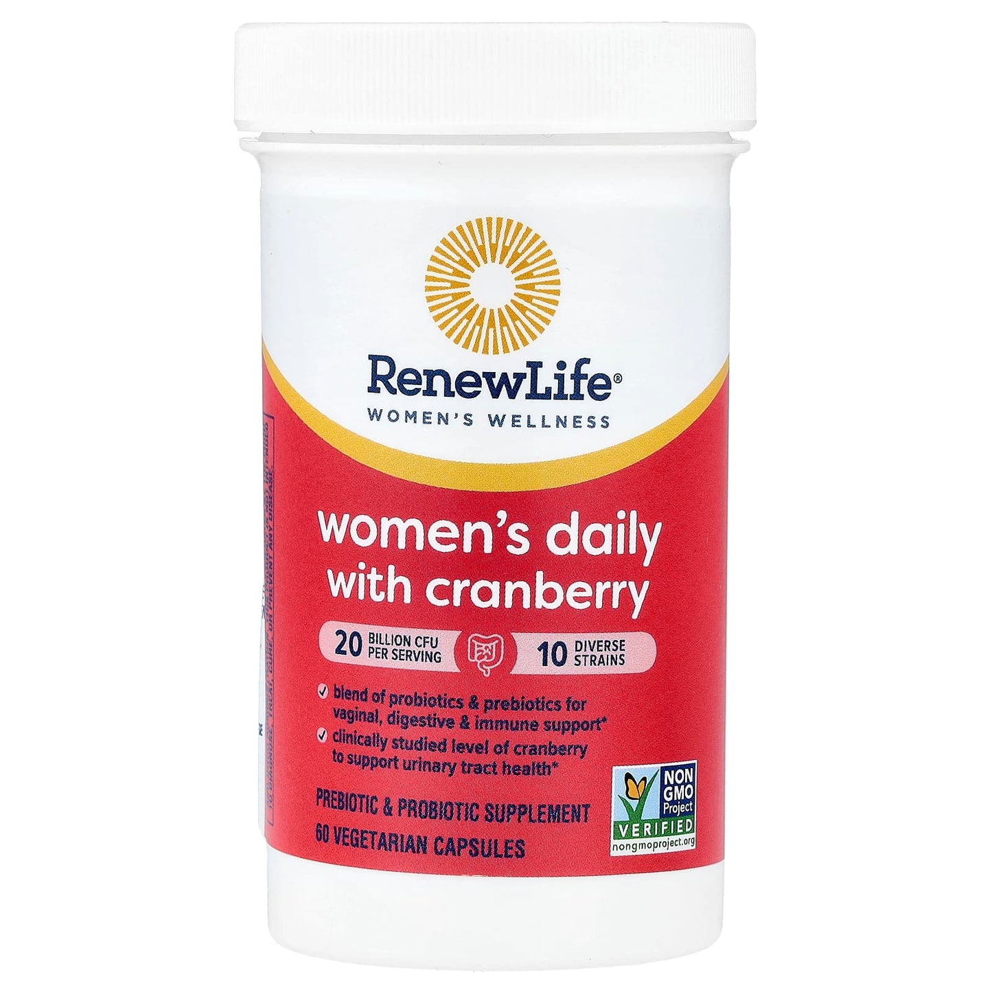 Renew Life Women's Daily 3-in-1 Prebiotics & Probiotics with Cranberry | 20 billion
60 capsules