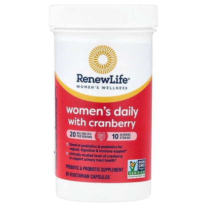 Renew Life Women's Daily 3-in-1 Prebiotics & Probiotics with Cranberry | 20 billion
60 capsules