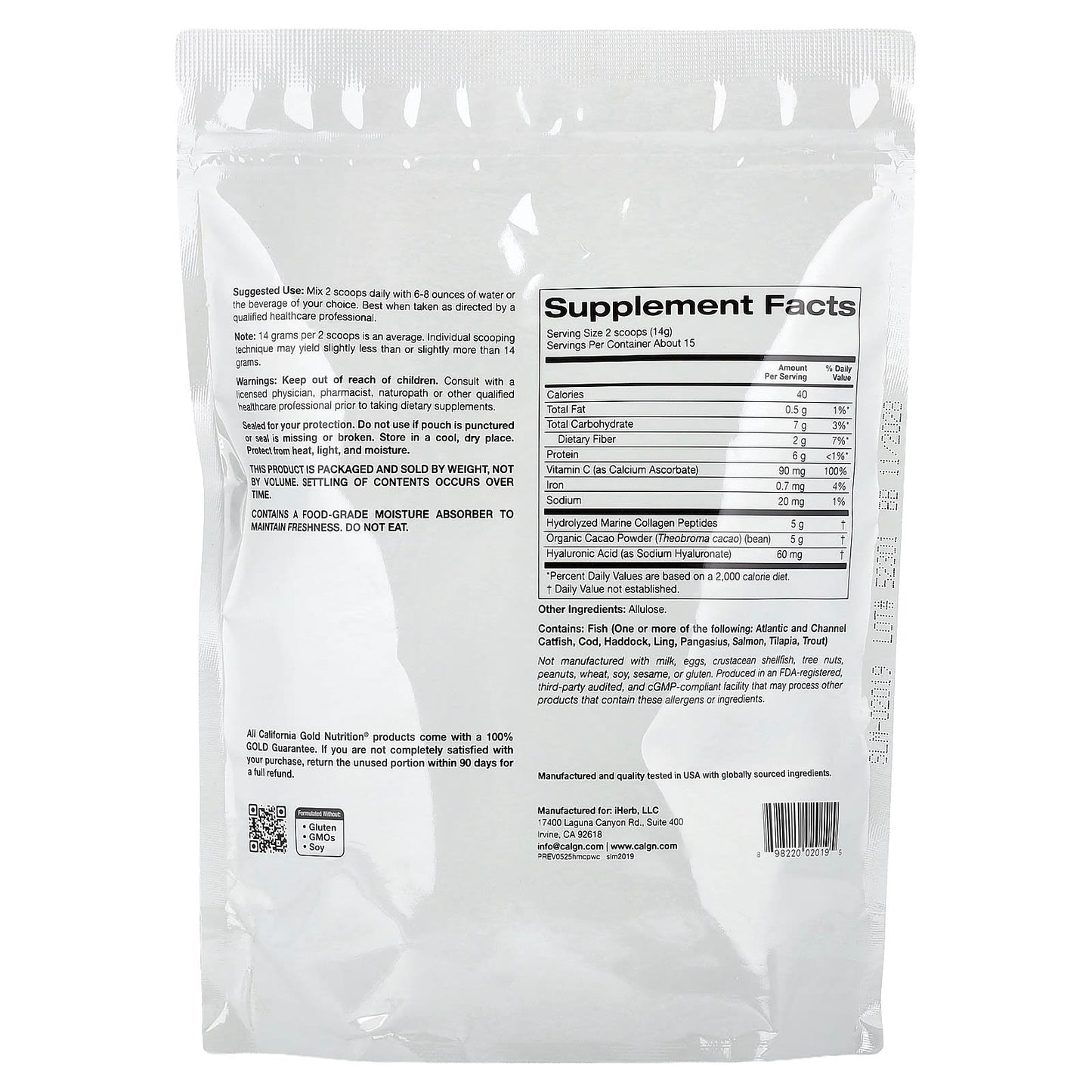 California Gold Nutrition Peptides de collagène marin hydrolysé avec cacao, 206 grammes