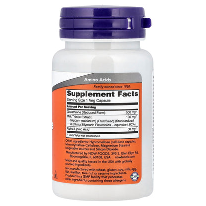 Now Foods Glutathione with Milk Thistle Extract & Alpha-Lipoic Acid 500mg, 30 Capsules