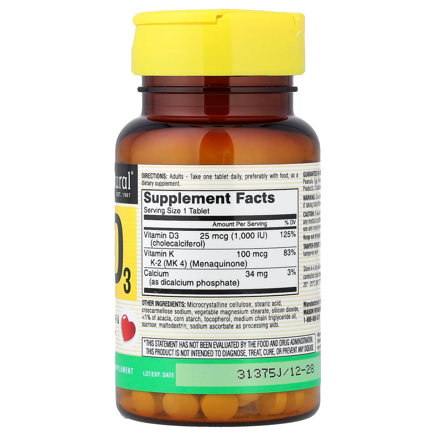 Mason Natural, Vitamine K2 + D3, 100 comprimés