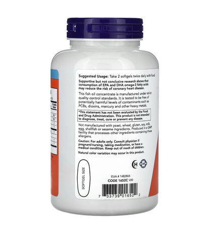 NOW Foods Omega 3 Fish Oil, 1,000 mg, 180 EPA - 120 DHA, 100 Softgels