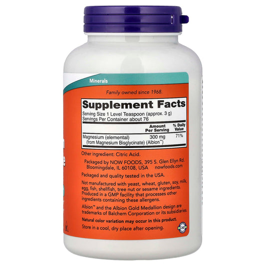 Now Foods Magnesium Bisglycinate Powder, 300mg per serving, 227 grams