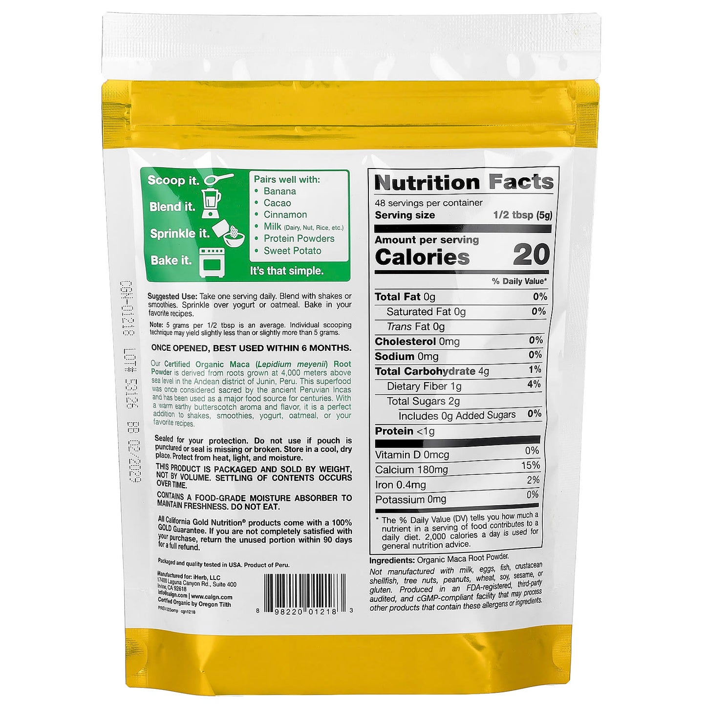 California Gold Nutrition Superfoods|Organic Certified Peruvian Maca Root Powder, 240 Grams