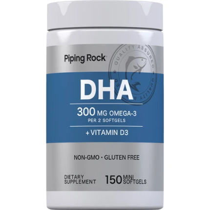 PipingRock Omega 3, DHA 300 mg, plus vitamine D3, 150 mini gélules