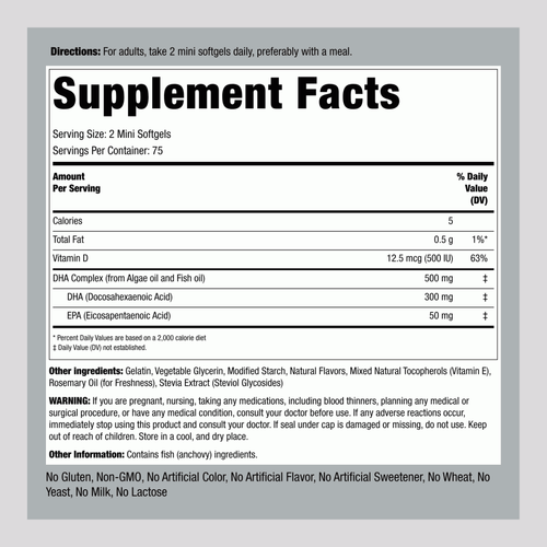 PipingRock Omega 3, DHA 300 mg, plus vitamine D3, 150 mini gélules