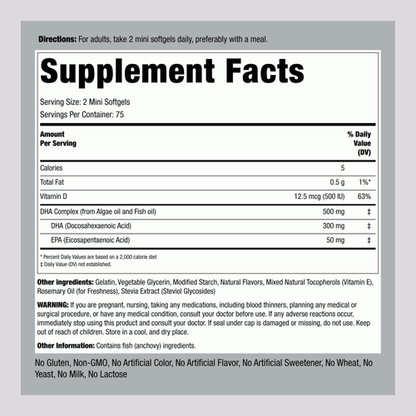 PipingRock Omega 3, DHA 300 mg, plus vitamine D3, 150 mini gélules